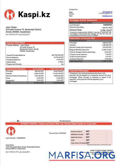 Realistic Kazakhstan Kaspi Bank mortgage statement Word and PDF template